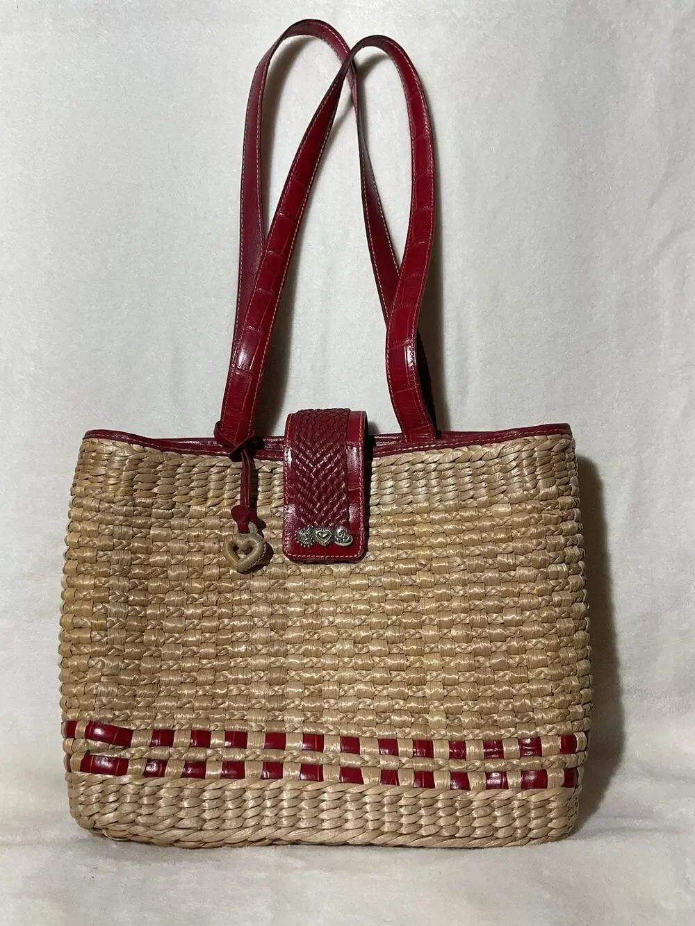 Vintage Brighton Straw Tote Bag Red Leather Straps Raffia Heart Bag Charm